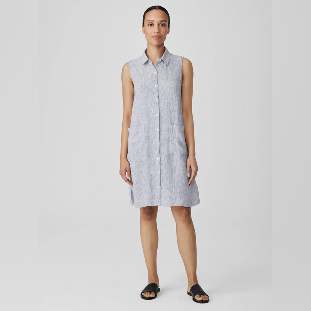 Eileen Fisher Striped‎ Organic Linen Crinkle Sleeveless Shirtdress L White/Black